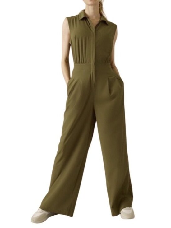 Athleta Pants - Athleta Brooklyn Wide Leg Jumpsuit Olive Green Sleeveless Mock Neck Utility Sz 2